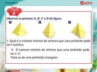 Observa os prismas 𝑨, 𝑩, 𝑪 e 𝑫 da figura.
3. Qual é o número mínimo de vértices que uma pirâmide pode
ter? Justifica.
Pirâmides
R: O número mínimo de vértices que uma pirâmide pode
ter é 4.
Trata-se de uma pirâmide triangular.
Novo MSI6
 