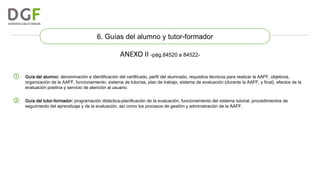 6. Guías del alumno y tutor-formador

ANEXO II -pág.84520 a 84522①

Guía del alumno: denominación e identificación del certificado, perfil del alumnado, requisitos técnicos para realizar la AAFF, objetivos,
organización de la AAFF, funcionamiento, sistema de tutorías, plan de trabajo, sistema de evaluación (durante la AAFF, y final), efectos de la
evaluación positiva y servicio de atención al usuario.

②

Guía del tutor-formador: programación didáctica-planificación de la evaluación, funcionamiento del sistema tutorial, procedimientos de
seguimiento del aprendizaje y de la evaluación, así como los procesos de gestión y administración de la AAFF.

 