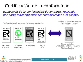 Certificación de la conformidad
Evaluación de la conformidad de 3ª parte, realizada
por parte independiente del suministrador o el cliente.
Certificación basada en normas de Sistemas de Gestión
Certificación basada en normas
de Producto / Servicio
UNE EN ISO
9001:2015
UNE EN ISO
14001:2004
Normas particulares
UNE EN 13816 Calidad en Transporte
Público de Pasajeros
OSHAS 18001 UNE ISO
39001
4AenorSGSV2015_r1
Aenor30301r1 4
 
