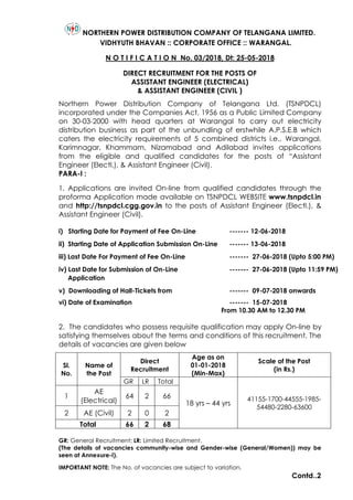 NORTHERN POWER DISTRIBUTION COMPANY OF TELANGANA LIMITED.
N O T I F I C A T I O N No. 03/2018, Dt: 25-05-2018
DIRECT RECRUITMENT FOR THE POSTS OF
ASSISTANT ENGINEER (ELECTRICAL)
& ASSISTANT ENGINEER (CIVIL )
Northern Power Distribution Company of Telangana Ltd. (TSNPDCL)
incorporated under the Companies Act, 1956 as a Public Limited Company
on 30-03-2000 with head quarters at Warangal to carry out electricity
distribution business as part of the unbundling of erstwhile A.P.S.E.B which
caters the electricity requirements of 5 combined districts i.e., Warangal,
Karimnagar, Khammam, Nizamabad and Adilabad invites applications
from the eligible and qualified candidates for the posts of “Assistant
Engineer (Electl.), & Assistant Engineer (Civil).
PARA-I :
1. Applications are invited On-line from qualified candidates through the
proforma Application made available on TSNPDCL WEBSITE www.tsnpdcl.in
and http://tsnpdcl.cgg.gov.in to the posts of Assistant Engineer (Electl.), &
Assistant Engineer (Civil).
i) Starting Date for Payment of Fee On-Line ------- 12-06-2018
ii) Starting Date of Application Submission On-Line ------- 13-06-2018
iii) Last Date For Payment of Fee On-Line ------- 27-06-2018 (Upto 5:00 PM)
iv) Last Date for Submission of On-Line ------- 27-06-2018 (Upto 11:59 PM)
Application
v) Downloading of Hall-Tickets from ------- 09-07-2018 onwards
vi) Date of Examination ------- 15-07-2018
From 10.30 AM to 12.30 PM
2. The candidates who possess requisite qualification may apply On-line by
satisfying themselves about the terms and conditions of this recruitment. The
details of vacancies are given below
Sl.
No.
Name of
the Post
Direct
Recruitment
Age as on
01-01-2018
(Min-Max)
Scale of the Post
(in Rs.)
GR LR Total
18 yrs – 44 yrs
41155-1700-44555-1985-
54480-2280-63600
1
AE
(Electrical)
64 2 66
2 AE (Civil) 2 0 2
Total 66 2 68
GR: General Recruitment; LR: Limited Recruitment.
(The details of vacancies community-wise and Gender-wise (General/Women)) may be
seen at Annexure-I).
IMPORTANT NOTE: The No. of vacancies are subject to variation.
Contd..2
VIDHYUTH BHAVAN :: CORPORATE OFFICE :: WARANGAL.
 