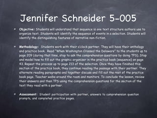 Jennifer Schneider 5-005 Objective:  Students will understand that sequence is one text structure authors use to organize text. Students will identify the sequence of events in a selection. Students will identify the distinguishing features of narrative non-fiction. Methodology:   Students work with their o’clock partner. They will have their anthology and practice book.  Read “When Washington Crossed the Delaware” to the students up to page 209 (during that time, stop to ask the comprehension questions by doing TPS). Stop and model how to fill out the graphic organizer in the practice book (sequence) on page 43. Repeat the process up to page 213 of the selection. Once they have finished this section of the practice book, they continue reading the passage with their partner. They alternate reading paragraphs and together discuss and fill out the rest of the practice book page. Teacher walks around the room and monitors. To conclude the lesson, review their answers and then TPS using the comprehension questions for the section of the text they read with a partner.  Assessment:   Student participation with partner, answers to comprehension question prompts, and completed practice pages. 