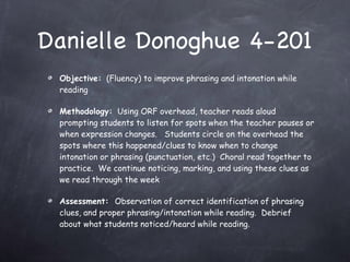 Danielle Donoghue 4-201 Objective:   (Fluency) to improve phrasing and intonation while reading Methodology:   Using ORF overhead, teacher reads aloud prompting students to listen for spots when the teacher pauses or when expression changes.  Students circle on the overhead the spots where this happened/clues to know when to change intonation or phrasing (punctuation, etc.)  Choral read together to practice.  We continue noticing, marking, and using these clues as we read through the week Assessment:  Observation of correct identification of phrasing clues, and proper phrasing/intonation while reading.  Debrief about what students noticed/heard while reading.  