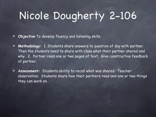 Nicole Dougherty 2-106 Objective :To develop fluency and listening skills. Methodology:   1. Students share answers to question of day with partner.  Then the students need to share with class what their partner shared and why.  2.  Partner read one or two pages of text.  Give constructive feedback of partner. Assessment:   Students ability to recall what was shared.  Teacher observation.  Students share how their partners read and one or two things they can work on. 