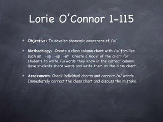 Lorie O’Connor 1-115 Objective:  To develop phonemic awareness of /u/ Methodology:   Create a class column chart with /u/ families such as  -up  -up  -ut  Create a model of the chart for students to write /u/words they know in the correct column.  Have students share words and write them on the class chart. Assessment:  Check individual charts and correct /u/ words.  Immediately correct the class chart and discuss the mistake. 