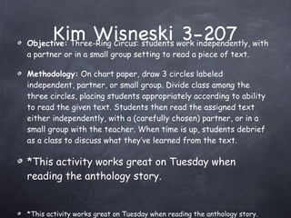Kim Wisneski 3-207 Objective:  Three-Ring Circus: students work independently, with a partner or in a small group setting to read a piece of text. Methodology:  On chart paper, draw 3 circles labeled independent, partner, or small group. Divide class among the three circles, placing students appropriately according to ability to read the given text. Students then read the assigned text either independently, with a (carefully chosen) partner, or in a small group with the teacher. When time is up, students debrief as a class to discuss what they’ve learned from the text.  *This activity works great on Tuesday when reading the anthology story.   *This activity works great on Tuesday when reading the anthology story.  