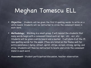 Meghan Tomescu ELL Objective:  Students will be given the first 8 spelling words to write on a white board. Students will be instructed to circle the consonant blend in each word.  Methodology;  Working in a small group, I will remind the students that many words begin with a consonant blend such as -spr, -str, -scr, etc.  Students will be given a white board and a marker.  I will state 8 of the 15 new spelling words for the week. (They are listed on the theme wall for extra assistance.) Spray, street, sprint, stripe, screen, strong, spring, and stray. Students will then be instructed to locate and circle the consonant blend in each word.  Assessment:  Student participation/discussion, teacher observation  