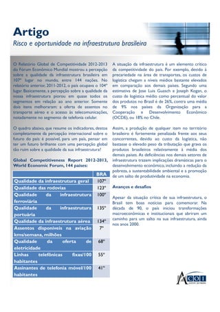 Artigo
Risco e oportunidade na infraestrutura brasileira
Artigo
Risco e oportunidade na infraestrutura brasileira
O Relatório Global de Competitividade 2012-2013
do Fórum Econômico Mundial mostrou a percepção
sobre a qualidade da infraestrutura brasileira em
107º lugar no mundo, entre 144 nações. No
relatório anterior, 2011-2012, o país ocupava o 104º
lugar. Basicamente, a percepção sobre a qualidade da
nossa infraestrutura piorou em quase todos os
segmentos em relação ao ano anterior. Somente
dois itens melhoraram: a oferta de assentos no
transporte aéreo e o acesso às telecomunicações,
notadamente no segmento de telefonia celular.
O quadro abaixo, que resume os indicadores, destoa
completamente da percepção internacional sobre o
futuro do país: é possível, para um país, pensar em
ter um futuro brilhante com uma percepção global
tão ruim sobre a qualidade da sua infraestrutura?
Global Competitiveness Report 2012-2013,
World Economic Forum, 144 países:
BRA
Qualidade da infraestrutura geral 107º
Qualidade das rodovias 123º
Qualidade da infraestrutura
ferroviária
100º
Qualidade da infraestrutura
portuária
135º
Qualidade da infraestrutura aérea 134º
Assentos disponíveis na aviação
kms/semana, milhões
7º
Qualidade da oferta de
eletricidade
68º
Linhas telefônicas fixas/100
habitantes
55º
Assinantes de telefonia móvel/100
habitantes
41º
A situação da infraestrutura é um elemento crítico
da competitividade do país. Por exemplo, devido à
precariedade na área de transportes, os custos de
logística chegam a níveis médios bastante elevados
em comparação aos demais países. Segundo uma
estimativa de Jose Luis Guasch e Joseph Kogan, o
custo de logística médio como percentual do valor
dos produtos no Brasil é de 26%, contra uma média
de 9% nos países da Organização para a
Cooperação e Desenvolvimento Econômico
(OCDE), ou 18% no Chile.
Assim, a produção de qualquer item no território
brasileiro é fortemente penalizada frente aos seus
concorrentes, devido ao custo da logística, não
bastasse o elevado peso da tributação que grava os
produtos brasileiros relativamente à média dos
demais países. As deficiências nos demais setores de
infraestrutura trazem implicações dramáticas para o
desenvolvimento econômico, incluindo a redução da
pobreza, a sustentabilidade ambiental e a promoção
de um salto de produtividade na economia.
Avanços e desafios
Apesar da situação crítica de sua infraestrutura, o
Brasil tem boas notícias para comemorar. Na
década de 90, o país iniciou transformações
macroeconômicas e institucionais que abriram um
caminho para um salto na sua infraestrutura, ainda
nos anos 2000.
 