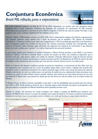 Conjuntura Econômica
Brasil: PIB, inflação, juros e expectativas
Conjuntura Econômica
Brasil: PIB, inflação, juros e expectativas
Na nossa publicação anterior, no final do 3º. Tri de 2012, expusemos um cenário que não apresenta muitas
mudanças para a atual conjuntura. Vínhamos de reduções nas projeções do crescimento do PIB, pressões
inflacionárias já preocupantes e uma taxa de juros (SELIC) chegando ao final do seu ciclo de quedas. Pois bem, o que
podemos citar como mudanças significativas? Na realidade, pouca coisa.
Segundo o IBGE, o PIB brasileiro cresceu, em 2012, 0,9%. Com o desempenho negativo da indústria e agropecuária,
por exemplo, pudemos contar apenas com o setor de serviços, que se expandiu 1,7%. Apesar do resultado
insatisfatório, o Governo justificou que, ainda que marginalmente, o País foi prejudicado pela forte crise financeira e
pelo consequente quadro de retração de boa parte das maiores economias mundiais. Em contrapartida, nosso
ministro da fazenda, Guido Mantega, segue afirmando que seguimos em trajetória de crescimento e que esforços
fiscais não serão medidos para “garantir” um melhor desempenho da economia brasileira.
Já com pouco espaço para manobras na política monetária, o Banco Central conduziu a taxa SELIC à sua mínima
histórica, 7,25%a.a.. Tal nível é mantido desde a reunião de outubro de 2012, mas analistas já especulam que o
Governo terá que , pelo menos, cogitar uma subida do indicador. Pressões inflacionárias vindas de diversos setores
da economia, além do câmbio, já preocupam a cúpula econômica do País. O afastamento do IPCA do centro da meta
de inflação, mostra claramente que um ajuste, por mais que fora mínimo, deveria ocorrer no médio prazo.
Enfim, os números são bastante conflitivos quando se pensa em impulsionar o crescimento do País. Mais uma vez,
nos deparamos com a questão que tira o sono de qualquer policy maker: como manter a inflação sob controle sem
prejudicar muito o crescimento econômico? Se o Bacen pretende seguir à linha o seu manual de sistema de metas de
inflação, entraríamos no curto ou médio prazo num período de subida de juros, objetivando índices de preços mais
próximos ao centro da meta. Porém, haveria vontade “política” para iniciar-se um ciclo altista de juros em um ano
pré-eleitoral? O Bacen tem a sua autonomia, desde que ela não entre em rota de colisão com os anseios vindos do
Planalto.
O Boletim Focus, do Banco Central, exemplifica muito bem o viés de estabilidade e/ou provável piora do cenário
para 2013 e 2014. Ainda podemos observar que o mercado espera níveis elevados de preços, já projetando a alta
dos juros básicos e projeções do PIB que fatalmente serão ajustadas durante o ano.
Quanto ao câmbio, não devemos ter muitas novidades com relação à atuação do BACEN para mantê-lo num
patamar de R$2,00. Este número é o ponto de equilíbrio das contas do Governo. O mesmo, através de intervenções
massivas no mercado, busca uma proteção contra a inflação e um nível que favoreça as exportações brasileiras.
Fonte: IBGE – Fev/13
IPCA (Acumulado 12 meses)
Fonte: BACEN – Fev/13
0%
1%
2%
3%
4%
5%
6%
7%
8%
ago/10
out/10
dez/10
fev/11
abr/11
jun/11
ago/11
out/11
dez/11
fev/12
abr/12
jun/12
ago/12
out/12
dez/12
Teto da Meta
Centro da Meta
Boletim Focus
2013 2014
IPCA 5,70% 5,50%
IGP-M 5,18% 5%
Câmbio (R$/USD) 2,02 2,05
SELIC 7,25% 8,25%
PIB (% cresc.) 3,08% 3,65%
Expectativas de Mercado
 