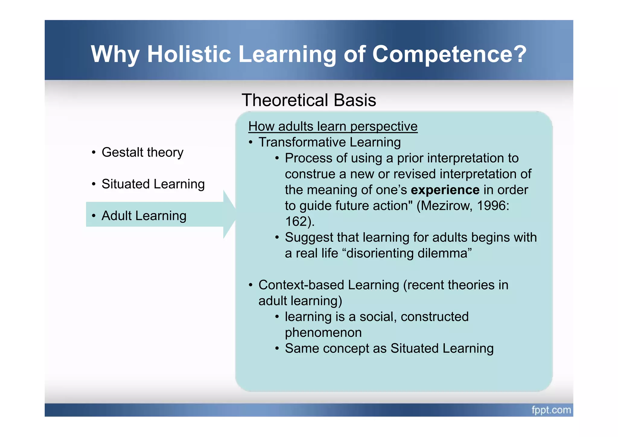 Why Holistic Learning of Competence?
                      Theoretical Basis
                      How adults learn perspective
                      • Transformative Learning
• Gestalt theory           • Process of using a prior interpretation to
                             construe a new or revised i
                                                      i d interpretation of
                                                                     i    f
• Situated Learning          the meaning of one’s experience in order
                             to guide future action" (Mezirow, 1996:
• Adult Learning             162).
                             162)
                           • Suggest that learning for adults begins with
                             a real life “disorienting dilemma”

                      • Context-based Learning (recent theories in
                        adult learning)
                          • learning is a social constructed
                                          social,
                            phenomenon
                          • Same concept as Situated Learning
 