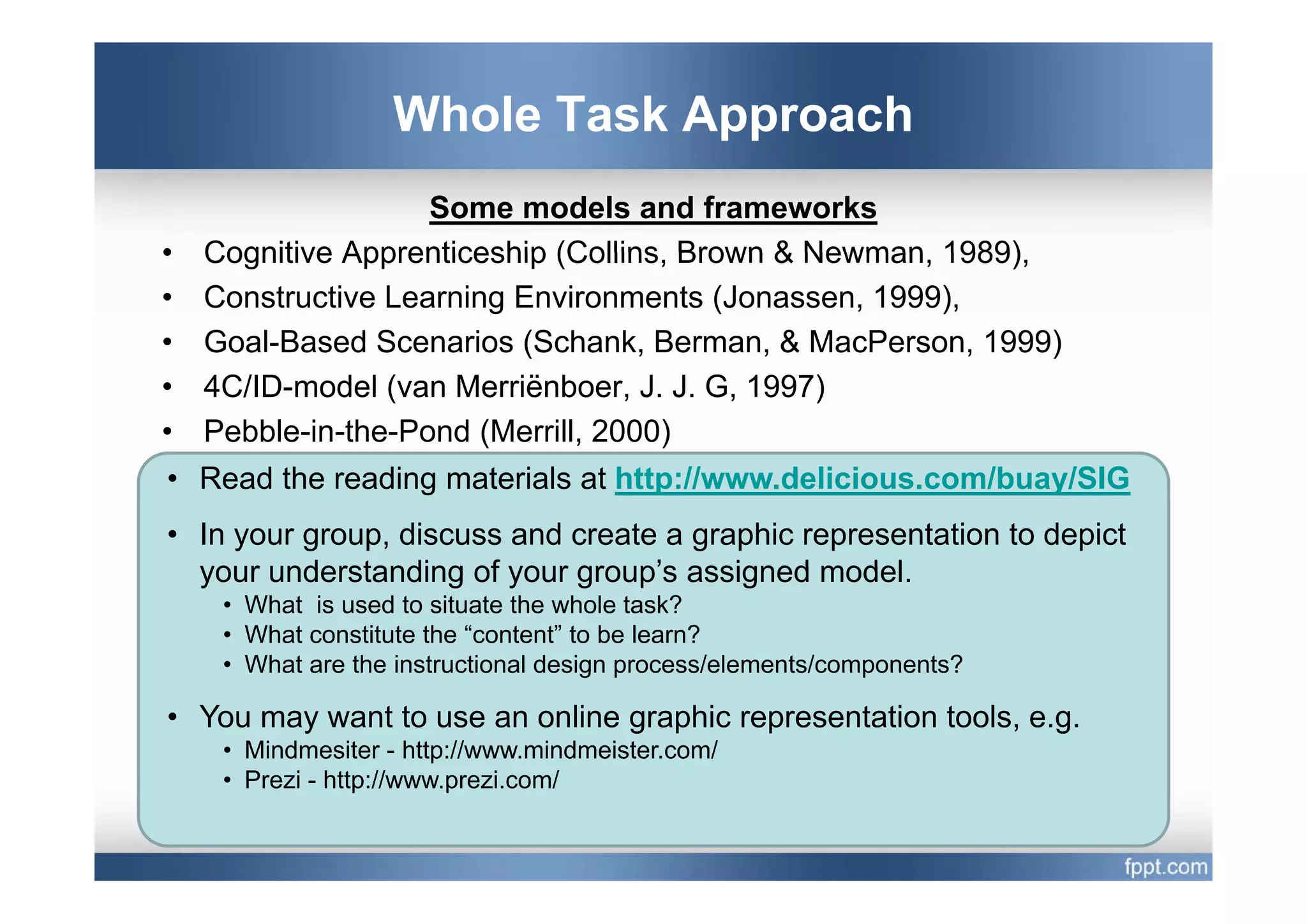 Whole Task Approach
                    Some models and frameworks
•   Cognitive Apprenticeship (Collins Brown & Newman 1989)
                             (Collins,        Newman, 1989),
•   Constructive Learning Environments (Jonassen, 1999),
•   Goal-Based Scenarios (Schank, Berman, & MacPerson, 1999)
                          (                                  )
•   4C/ID-model (van Merriënboer, J. J. G, 1997)
•   Pebble-in-the-Pond (Merrill, 2000)
• Read the reading materials at http://www.delicious.com/buay/SIG
• In your group, discuss and create a graphic representation to depict
  your understanding of your group’s assigned model
                                               model.
     • What is used to situate the whole task?
     • What constitute the “content” to be learn?
     • What are the instructional design process/elements/components?

• You may want to use an online graphic representation tools, e.g.
     • Mindmesiter - http://www.mindmeister.com/
     • Prezi - http://www prezi com/
               http://www.prezi.com/
 
