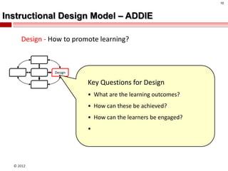 10



Instructional Design Model – ADDIE

     Design - How to promote learning?



               Design

                         Key Questions for Design
                         • What are the learning outcomes?
                         • How can these be achieved?
                         • How can the learners be engaged?
                         •




  © 2012
 