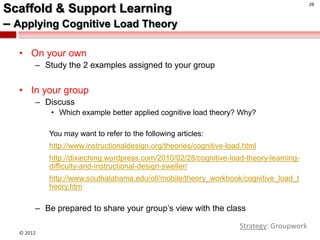 28
Scaffold & Support Learning
– Applying Cognitive Load Theory

  • On your own
       – Study the 2 examples assigned to your group


  • In your group
       – Discuss
           • Which example better applied cognitive load theory? Why?

           You may want to refer to the following articles:
           http://www.instructionaldesign.org/theories/cognitive-load.html
           http://dixieching.wordpress.com/2010/02/28/cognitive-load-theory-learning-
           difficulty-and-instructional-design-sweller/
           http://www.southalabama.edu/oll/mobile/theory_workbook/cognitive_load_t
           heory.htm

       – Be prepared to share your group’s view with the class

                                                                     Strategy: Groupwork
  © 2012
 