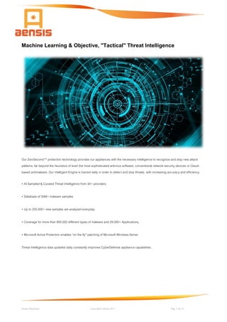 Aensis Showcase Copyright© Aensis 2017 Pag. 7 de 14
Machine Learning & Objective, "Tactical" Threat Intelligence
Our ZeroSecond™ protection technology provides our appliances with the necessary intelligence to recognize and stop new attack
patterns, far beyond the heuristics of even the most sophisticated antivirus software, conventional network security devices or Cloud-
based antimalware. Our intelligent Engine is trained daily in order to detect and stop threats with increasing accuracy and efficiency.
„ AI Sampled & Curated Threat Intelligence from 40+ providers
„ Database of 50M+ malware samples
„ Up to 250,000+ new samples are analyzed everyday
„ Coverage for more than 800,000 different types of malware and 29,000+ Applications,
„ Microsoft Active Protection enables “on the fly” patching of Microsoft Windows Server
Threat Intelligence data updated daily constantly improves CyberDefense appliance capabilities.
 