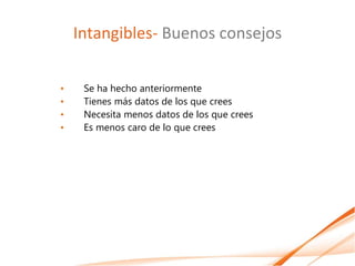Intangibles- Buenos consejos

•    Se ha hecho anteriormente
•    Tienes más datos de los que crees
•    Necesita menos datos de los que crees
•    Es menos caro de lo que crees
 