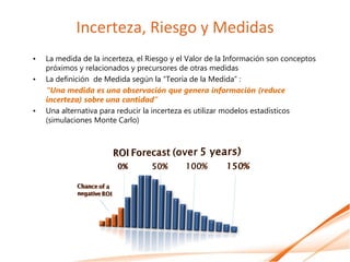 Incerteza, Riesgo y Medidas
•   La medida de la incerteza, el Riesgo y el Valor de la Información son conceptos
    próximos y relacionados y precursores de otras medidas
•   La definición de Medida según la “Teoría de la Medida” :
    “Una medida es una observación que genera información (reduce
    incerteza) sobre una cantidad”
•   Una alternativa para reducir la incerteza es utilizar modelos estadísticos
    (simulaciones Monte Carlo)
 