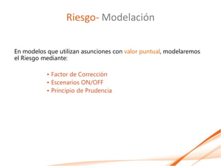 Riesgo- Modelación

En modelos que utilizan asunciones con valor puntual, modelaremos
el Riesgo mediante:

           • Factor de Corrección
           • Escenarios ON/OFF
           • Principio de Prudencia
 