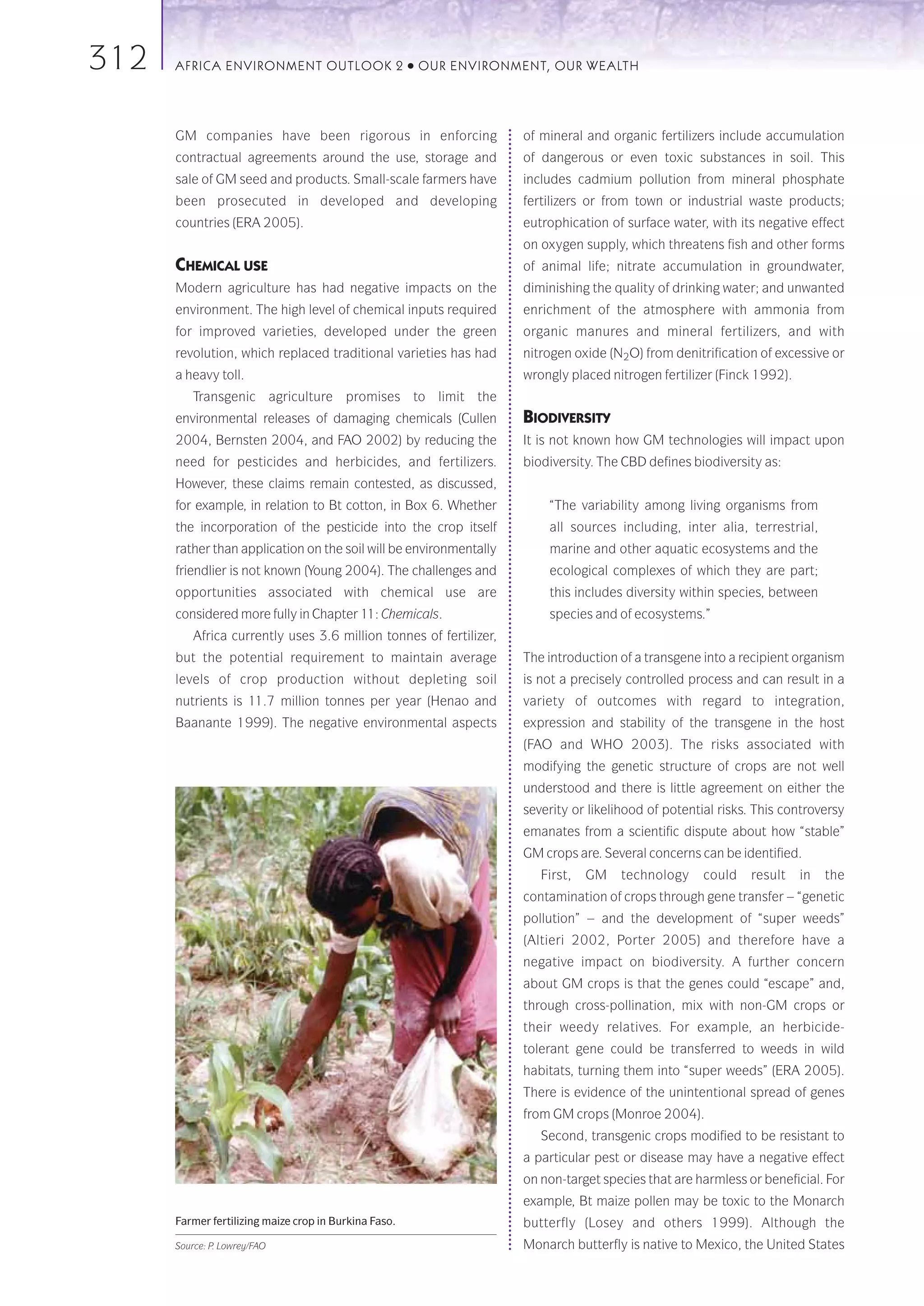 312   AFRICA ENVIRONMENT OUTLOOK 2                     ●   OUR ENVIRONMENT, OUR WEALTH




      GM companies have been rigorous in enforcing                     of mineral and organic fertilizers include accumulation
      contractual agreements around the use, storage and               of dangerous or even toxic substances in soil. This
      sale of GM seed and products. Small-scale farmers have           includes cadmium pollution from mineral phosphate
      been prosecuted in developed and developing                      fertilizers or from town or industrial waste products;
      countries (ERA 2005).                                            eutrophication of surface water, with its negative effect
                                                                       on oxygen supply, which threatens fish and other forms
      CHEMICAL USE                                                     of animal life; nitrate accumulation in groundwater,
      Modern agriculture has had negative impacts on the               diminishing the quality of drinking water; and unwanted
      environment. The high level of chemical inputs required          enrichment of the atmosphere with ammonia from
      for improved varieties, developed under the green                organic manures and mineral fertilizers, and with
      revolution, which replaced traditional varieties has had         nitrogen oxide (N2O) from denitrification of excessive or
      a heavy toll.                                                    wrongly placed nitrogen fertilizer (Finck 1992).
          Transgenic agriculture promises to limit the
      environmental releases of damaging chemicals (Cullen             BIODIVERSITY
      2004, Bernsten 2004, and FAO 2002) by reducing the               It is not known how GM technologies will impact upon
      need for pesticides and herbicides, and fertilizers.             biodiversity. The CBD defines biodiversity as:
      However, these claims remain contested, as discussed,
      for example, in relation to Bt cotton, in Box 6. Whether             “The variability among living organisms from
      the incorporation of the pesticide into the crop itself              all sources including, inter alia, terrestrial,
      rather than application on the soil will be environmentally          marine and other aquatic ecosystems and the
      friendlier is not known (Young 2004). The challenges and             ecological complexes of which they are part;
      opportunities associated with chemical use are                       this includes diversity within species, between
      considered more fully in Chapter 11: Chemicals.                      species and of ecosystems.”
          Africa currently uses 3.6 million tonnes of fertilizer,
      but the potential requirement to maintain average                The introduction of a transgene into a recipient organism
      levels of crop production without depleting soil                 is not a precisely controlled process and can result in a
      nutrients is 11.7 million tonnes per year (Henao and             variety of outcomes with regard to integration,
      Baanante 1999). The negative environmental aspects               expression and stability of the transgene in the host
                                                                       (FAO and WHO 2003). The risks associated with
                                                                       modifying the genetic structure of crops are not well
                                                                       understood and there is little agreement on either the
                                                                       severity or likelihood of potential risks. This controversy
                                                                       emanates from a scientific dispute about how “stable”
                                                                       GM crops are. Several concerns can be identified.
                                                                          First,   GM   technology      could   result    in   the
                                                                       contamination of crops through gene transfer – “genetic
                                                                       pollution” – and the development of “super weeds”
                                                                       (Altieri 2002, Porter 2005) and therefore have a
                                                                       negative impact on biodiversity. A further concern
                                                                       about GM crops is that the genes could “escape” and,
                                                                       through cross-pollination, mix with non-GM crops or
                                                                       their weedy relatives. For example, an herbicide-
                                                                       tolerant gene could be transferred to weeds in wild
                                                                       habitats, turning them into “super weeds” (ERA 2005).
                                                                       There is evidence of the unintentional spread of genes
                                                                       from GM crops (Monroe 2004).
                                                                          Second, transgenic crops modified to be resistant to
                                                                       a particular pest or disease may have a negative effect
                                                                       on non-target species that are harmless or beneficial. For
                                                                       example, Bt maize pollen may be toxic to the Monarch
      Farmer fertilizing maize crop in Burkina Faso.                   butterfly (Losey and others 1999). Although the
      Source: P. Lowrey/FAO                                            Monarch butterfly is native to Mexico, the United States
 