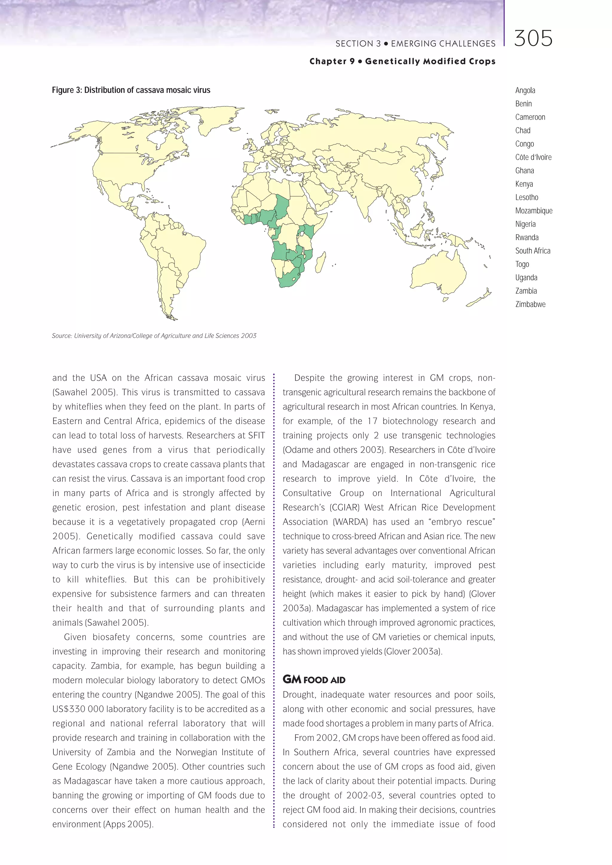 SECTION 3    ●   E M E R GI NG C HALLE NGE S   305
                                                                                     Chapter 9    ●   Genetically Modified Crops


Figure 3: Distribution of cassava mosaic virus                                                                                             Angola
                                                                                                                                           Benin
                                                                                                                                           Cameroon
                                                                                                                                           Chad
                                                                                                                                           Congo
                                                                                                                                           Côte d’Ivoire
                                                                                                                                           Ghana
                                                                                                                                           Kenya
                                                                                                                                           Lesotho
                                                                                                                                           Mozambique
                                                                                                                                           Nigeria
                                                                                                                                           Rwanda
                                                                                                                                           South Africa
                                                                                                                                           Togo
                                                                                                                                           Uganda
                                                                                                                                           Zambia
                                                                                                                                           Zimbabwe


Source: University of Arizona/College of Agriculture and Life Sciences 2003




and the USA on the African cassava mosaic virus                                  Despite the growing interest in GM crops, non-
(Sawahel 2005). This virus is transmitted to cassava                          transgenic agricultural research remains the backbone of
by whiteflies when they feed on the plant. In parts of                        agricultural research in most African countries. In Kenya,
Eastern and Central Africa, epidemics of the disease                          for example, of the 17 biotechnology research and
can lead to total loss of harvests. Researchers at SFIT                       training projects only 2 use transgenic technologies
have used genes from a virus that periodically                                (Odame and others 2003). Researchers in Côte d’Ivoire
devastates cassava crops to create cassava plants that                        and Madagascar are engaged in non-transgenic rice
can resist the virus. Cassava is an important food crop                       research to improve yield. In Côte d’Ivoire, the
in many parts of Africa and is strongly affected by                           Consultative Group on International Agricultural
genetic erosion, pest infestation and plant disease                           Research’s (CGIAR) West African Rice Development
because it is a vegetatively propagated crop (Aerni                           Association (WARDA) has used an “embryo rescue”
2005). Genetically modified cassava could save                                technique to cross-breed African and Asian rice. The new
African farmers large economic losses. So far, the only                       variety has several advantages over conventional African
way to curb the virus is by intensive use of insecticide                      varieties including early maturity, improved pest
to kill whiteflies. But this can be prohibitively                             resistance, drought- and acid soil-tolerance and greater
expensive for subsistence farmers and can threaten                            height (which makes it easier to pick by hand) (Glover
their health and that of surrounding plants and                               2003a). Madagascar has implemented a system of rice
animals (Sawahel 2005).                                                       cultivation which through improved agronomic practices,
    Given biosafety concerns, some countries are                              and without the use of GM varieties or chemical inputs,
investing in improving their research and monitoring                          has shown improved yields (Glover 2003a).
capacity. Zambia, for example, has begun building a
modern molecular biology laboratory to detect GMOs                            GM FOOD AID
entering the country (Ngandwe 2005). The goal of this                         Drought, inadequate water resources and poor soils,
US$330 000 laboratory facility is to be accredited as a                       along with other economic and social pressures, have
regional and national referral laboratory that will                           made food shortages a problem in many parts of Africa.
provide research and training in collaboration with the                          From 2002, GM crops have been offered as food aid.
University of Zambia and the Norwegian Institute of                           In Southern Africa, several countries have expressed
Gene Ecology (Ngandwe 2005). Other countries such                             concern about the use of GM crops as food aid, given
as Madagascar have taken a more cautious approach,                            the lack of clarity about their potential impacts. During
banning the growing or importing of GM foods due to                           the drought of 2002-03, several countries opted to
concerns over their effect on human health and the                            reject GM food aid. In making their decisions, countries
environment (Apps 2005).                                                      considered not only the immediate issue of food
 
