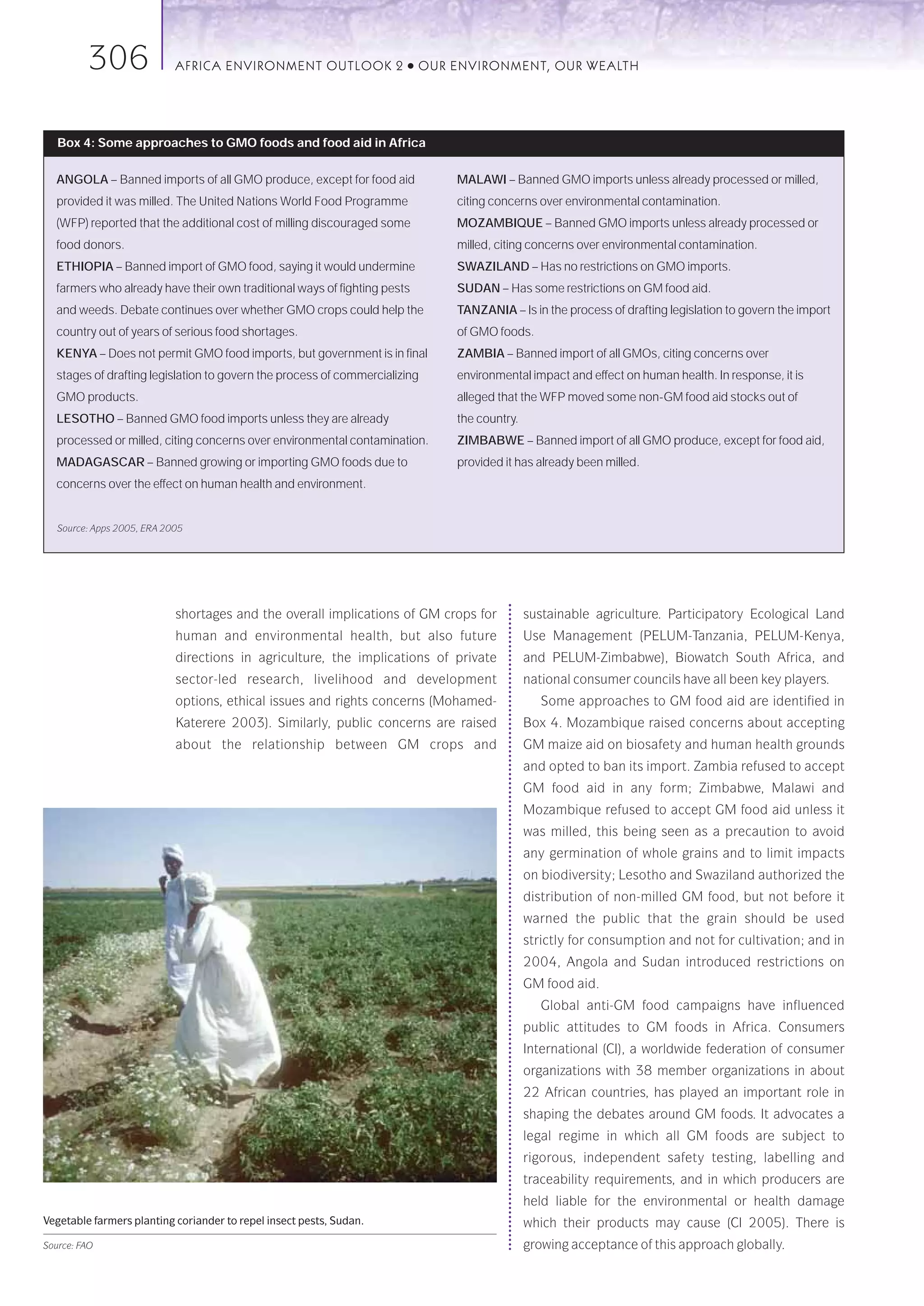 306                AFRICA ENVIRONMENT OUTLOOK 2              ●   OUR ENVIRONMENT, OUR WEALTH




   Box 4: Some approaches to GMO foods and food aid in Africa

  ANGOLA – Banned imports of all GMO produce, except for food aid             MALAWI – Banned GMO imports unless already processed or milled,
  provided it was milled. The United Nations World Food Programme             citing concerns over environmental contamination.
  (WFP) reported that the additional cost of milling discouraged some         MOZAMBIQUE – Banned GMO imports unless already processed or
  food donors.                                                                milled, citing concerns over environmental contamination.
  ETHIOPIA – Banned import of GMO food, saying it would undermine             SWAZILAND – Has no restrictions on GMO imports.
  farmers who already have their own traditional ways of fighting pests       SUDAN – Has some restrictions on GM food aid.
  and weeds. Debate continues over whether GMO crops could help the           TANZANIA – Is in the process of drafting legislation to govern the import
  country out of years of serious food shortages.                             of GMO foods.
  KENYA – Does not permit GMO food imports, but government is in final        ZAMBIA – Banned import of all GMOs, citing concerns over
  stages of drafting legislation to govern the process of commercializing     environmental impact and effect on human health. In response, it is
  GMO products.                                                               alleged that the WFP moved some non-GM food aid stocks out of
  LESOTHO – Banned GMO food imports unless they are already                   the country.
  processed or milled, citing concerns over environmental contamination.      ZIMBABWE – Banned import of all GMO produce, except for food aid,
  MADAGASCAR – Banned growing or importing GMO foods due to                   provided it has already been milled.
  concerns over the effect on human health and environment.


   Source: Apps 2005, ERA 2005




                            shortages and the overall implications of GM crops for           sustainable agriculture. Participatory Ecological Land
                            human and environmental health, but also future                  Use Management (PELUM-Tanzania, PELUM-Kenya,
                            directions in agriculture, the implications of private           and PELUM-Zimbabwe), Biowatch South Africa, and
                            sector-led research, livelihood and development                  national consumer councils have all been key players.
                            options, ethical issues and rights concerns (Mohamed-               Some approaches to GM food aid are identified in
                            Katerere 2003). Similarly, public concerns are raised            Box 4. Mozambique raised concerns about accepting
                            about the relationship between GM crops and                      GM maize aid on biosafety and human health grounds
                                                                                             and opted to ban its import. Zambia refused to accept
                                                                                             GM food aid in any form; Zimbabwe, Malawi and
                                                                                             Mozambique refused to accept GM food aid unless it
                                                                                             was milled, this being seen as a precaution to avoid
                                                                                             any germination of whole grains and to limit impacts
                                                                                             on biodiversity; Lesotho and Swaziland authorized the
                                                                                             distribution of non-milled GM food, but not before it
                                                                                             warned the public that the grain should be used
                                                                                             strictly for consumption and not for cultivation; and in
                                                                                             2004, Angola and Sudan introduced restrictions on
                                                                                             GM food aid.
                                                                                                Global anti-GM food campaigns have influenced
                                                                                             public attitudes to GM foods in Africa. Consumers
                                                                                             International (CI), a worldwide federation of consumer
                                                                                             organizations with 38 member organizations in about
                                                                                             22 African countries, has played an important role in
                                                                                             shaping the debates around GM foods. It advocates a
                                                                                             legal regime in which all GM foods are subject to
                                                                                             rigorous, independent safety testing, labelling and
                                                                                             traceability requirements, and in which producers are
                                                                                             held liable for the environmental or health damage
Vegetable farmers planting coriander to repel insect pests, Sudan.                           which their products may cause (CI 2005). There is
Source: FAO                                                                                  growing acceptance of this approach globally.
 
