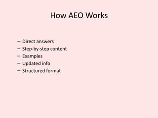 How AEO Works
– Direct answers
– Step-by-step content
– Examples
– Updated info
– Structured format
 