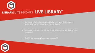 • As Library Suite Automates Updates it also Automates
your ‘Box’ so it’s ‘Live’ and ‘Audit Ready’
• No need to Panic for Audits Library Suite has ‘All Ready’ and
covered!
• Add it for as many boxes as you wish!
BECOMES 'LIVE LIBRARY'
 