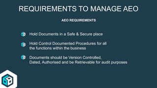 REQUIREMENTS TO MANAGE AEO
AEO REQUIREMENTS
Hold Documents in a Safe & Secure place
Hold Control Documented Procedures for all
the functions within the business
Documents should be Version Controlled,
Dated, Authorised and be Retrievable for audit purposes
 