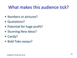 20
What makes this audience tick?
• Numbers or pictures?
• Quotations?
• Potential for huge profit?
• Stunning New Ideas?
...
