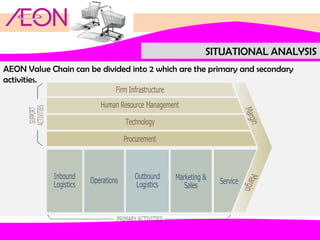 SITUATIONAL ANALYSIS
AEON Value Chain can be divided into 2 which are the primary and secondary
activities.

 