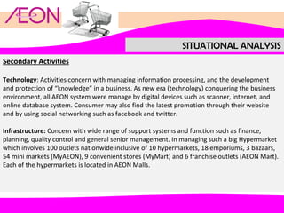 SITUATIONAL ANALYSIS
Secondary Activities
Technology: Activities concern with managing information processing, and the development
and protection of “knowledge” in a business. As new era (technology) conquering the business
environment, all AEON system were manage by digital devices such as scanner, internet, and
online database system. Consumer may also find the latest promotion through their website
and by using social networking such as facebook and twitter.
Infrastructure: Concern with wide range of support systems and function such as finance,
planning, quality control and general senior management. In managing such a big Hypermarket
which involves 100 outlets nationwide inclusive of 10 hypermarkets, 18 emporiums, 3 bazaars,
54 mini markets (MyAEON), 9 convenient stores (MyMart) and 6 franchise outlets (AEON Mart).
Each of the hypermarkets is located in AEON Malls.

 