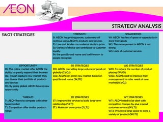 STRATEGY ANALYSIS
SWOT STRATEGIES

STRENGTH
S1: AEON has pricing power, customers will
continue using AEON’s products and services
S2: Low cost leader can undercut rivals in price
S3: Variety of choice can contribute to customer
loyalty
S4: the good brand name and well-known to
people recognize

WEAKNESSES
W1: AEON has less of space or capacity to in
store their goods
W2: The management in AEON is not
strong
W3: Lack of customer services

OPPORTUNITY
O1: The online market offer AEON the
ability to greatly expand their business
O2: Trough capture new market they
can diverse their portfolio of products
and services
O3: By going global, AEON have a new
opportunity

SO STRATEGIES
SO1: AEON can selling large volume of goods at
globally (S2,O3)
SO2: AEON can enter new market based on
good brand name (S4,O2)

WO STRATEGIES
WO1: To reduce the number of product
placing (W1,O1)
WO2: AEON need to improve their
management to cater needs of new
market(W2,O2)

THREATS
T1: AEON have to compete with other
hypermarket
T2: Competitors offer similar products
range

SO STRATEGIES
ST1: Improve the services to build long-term
relationship (S3,T1)
ST2: Maintain lower price (S2,T2)

WT STRATEGIES
WT1: AEON need to be alert with
competitor changes by give a good
customer services (W3,T1)
WT2: Provide a large space to store a
variety of products(W1,T2)

 