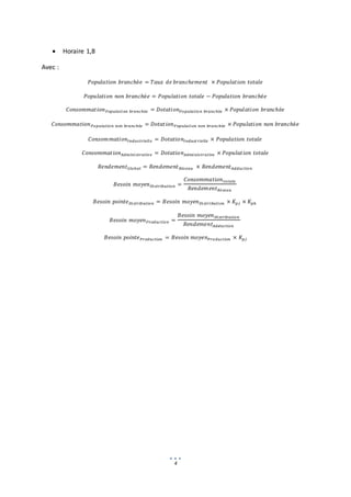 4
 Horaire 1,8
Avec :
𝑃𝑜𝑝𝑢𝑙𝑎𝑡𝑖𝑜𝑛 𝑏𝑟𝑎𝑛𝑐ℎé𝑒 = 𝑇𝑎𝑢𝑥 𝑑𝑒 𝑏𝑟𝑎𝑛𝑐ℎ𝑒𝑚𝑒𝑛𝑡 × 𝑃𝑜𝑝𝑢𝑙𝑎𝑡𝑖𝑜𝑛 𝑡𝑜𝑡𝑎𝑙𝑒
𝑃𝑜𝑝𝑢𝑙𝑎𝑡𝑖𝑜𝑛 𝑛𝑜𝑛 𝑏𝑟𝑎𝑛𝑐ℎé𝑒 = 𝑃𝑜𝑝𝑢𝑙𝑎𝑡𝑖𝑜𝑛 𝑡𝑜𝑡𝑎𝑙𝑒 − 𝑃𝑜𝑝𝑢𝑙𝑎𝑡𝑖𝑜𝑛 𝑏𝑟𝑎𝑛𝑐ℎé𝑒
𝐶𝑜𝑛𝑠𝑜𝑚𝑚𝑎𝑡𝑖𝑜𝑛𝑃𝑜𝑝𝑢𝑙𝑎𝑡𝑖𝑜𝑛 𝑏𝑟𝑎𝑛𝑐ℎé𝑒 = 𝐷𝑜𝑡𝑎𝑡𝑖𝑜𝑛𝑃𝑜𝑝𝑢𝑙𝑎𝑡𝑖𝑜𝑛 𝑏𝑟𝑎𝑛𝑐ℎé𝑒 × 𝑃𝑜𝑝𝑢𝑙𝑎𝑡𝑖𝑜𝑛 𝑏𝑟𝑎𝑛𝑐ℎé𝑒
𝐶𝑜𝑛𝑠𝑜𝑚𝑚𝑎𝑡𝑖𝑜𝑛𝑃𝑜𝑝𝑢𝑙𝑎𝑡𝑖𝑜𝑛 𝑛𝑜𝑛 𝑏𝑟𝑎𝑛𝑐ℎé𝑒 = 𝐷𝑜𝑡𝑎𝑡𝑖𝑜𝑛𝑃𝑜𝑝𝑢𝑙𝑎𝑡𝑖𝑜𝑛 𝑛𝑜𝑛 𝑏𝑟𝑎𝑛𝑐ℎé𝑒 × 𝑃𝑜𝑝𝑢𝑙𝑎𝑡𝑖𝑜𝑛 𝑛𝑜𝑛 𝑏𝑟𝑎𝑛𝑐ℎé𝑒
𝐶𝑜𝑛𝑠𝑜𝑚𝑚𝑎𝑡𝑖𝑜𝑛𝐼𝑛𝑑𝑢𝑠𝑡𝑟𝑖𝑒𝑙𝑙𝑒 = 𝐷𝑜𝑡𝑎𝑡𝑖𝑜𝑛𝐼𝑛𝑑𝑢𝑠𝑡𝑟𝑖𝑒𝑙𝑙𝑒 × 𝑃𝑜𝑝𝑢𝑙𝑎𝑡𝑖𝑜𝑛 𝑡𝑜𝑡𝑎𝑙𝑒
𝐶𝑜𝑛𝑠𝑜𝑚𝑚𝑎𝑡𝑖𝑜𝑛𝐴𝑑𝑚𝑖𝑛𝑖𝑠𝑡𝑟𝑎𝑡𝑖𝑣𝑒 = 𝐷𝑜𝑡𝑎𝑡𝑖𝑜𝑛𝐴𝑑𝑚𝑖𝑛𝑖𝑠𝑡𝑟𝑎𝑡𝑖𝑣𝑒 × 𝑃𝑜𝑝𝑢𝑙𝑎𝑡𝑖𝑜𝑛 𝑡𝑜𝑡𝑎𝑙𝑒
𝑅𝑒𝑛𝑑𝑒𝑚𝑒𝑛𝑡𝐺𝑙𝑜𝑏𝑎𝑙 = 𝑅𝑒𝑛𝑑𝑒𝑚𝑒𝑛𝑡𝑅é𝑠𝑒𝑎𝑢 × 𝑅𝑒𝑛𝑑𝑒𝑚𝑒𝑛𝑡𝐴𝑑𝑑𝑢𝑐𝑡𝑖𝑜𝑛
𝐵𝑒𝑠𝑜𝑖𝑛 𝑚𝑜𝑦𝑒𝑛𝐷𝑖𝑠𝑡𝑟𝑖𝑏𝑢𝑡𝑖𝑜𝑛 =
𝐶𝑜𝑛𝑠𝑜𝑚𝑚𝑎𝑡𝑖𝑜𝑛𝑡𝑜𝑡𝑎𝑙𝑒
𝑅𝑒𝑛𝑑𝑒𝑚𝑒𝑛𝑡𝑅é𝑠𝑒𝑎𝑢
𝐵𝑒𝑠𝑜𝑖𝑛 𝑝𝑜𝑖𝑛𝑡𝑒𝐷𝑖𝑠𝑡𝑟𝑖𝑏𝑢𝑡𝑖𝑜𝑛 = 𝐵𝑒𝑠𝑜𝑖𝑛 𝑚𝑜𝑦𝑒𝑛𝐷𝑖𝑠𝑡𝑟𝑖𝑏𝑢𝑡𝑖𝑜𝑛 × 𝐾𝑝𝑗 × 𝐾𝑝ℎ
𝐵𝑒𝑠𝑜𝑖𝑛 𝑚𝑜𝑦𝑒𝑛𝑃𝑟𝑜𝑑𝑢𝑐𝑡𝑖𝑜𝑛 =
𝐵𝑒𝑠𝑜𝑖𝑛 𝑚𝑜𝑦𝑒𝑛𝐷𝑖𝑠𝑡𝑟𝑖𝑏𝑢𝑡𝑖𝑜𝑛
𝑅𝑒𝑛𝑑𝑒𝑚𝑒𝑛𝑡𝐴𝑑𝑑𝑢𝑐𝑡𝑖𝑜𝑛
𝐵𝑒𝑠𝑜𝑖𝑛 𝑝𝑜𝑖𝑛𝑡𝑒𝑃𝑟𝑜𝑑𝑢𝑐𝑡𝑖𝑜𝑛 = 𝐵𝑒𝑠𝑜𝑖𝑛 𝑚𝑜𝑦𝑒𝑛𝑃𝑟𝑜𝑑𝑢𝑐𝑡𝑖𝑜𝑛 × 𝐾𝑝𝑗
 