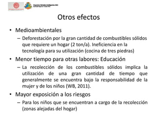 Otros efectos
• Medioambientales
– Deforestación por la gran cantidad de combustibles sólidos
que requiere un hogar (2 ton/a). Ineficiencia en la
tecnología para su utilización (cocina de tres piedras)
• Menor tiempo para otras labores: Educación
– La recolección de los combustibles sólidos implica la
utilización de una gran cantidad de tiempo que
generalmente se encuentra bajo la responsabilidad de la
mujer y de los niños (WB, 2011).
• Mayor exposición a los riesgos
– Para los niños que se encuentran a cargo de la recolección
(zonas alejadas del hogar)
 