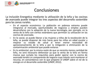 Conclusiones
La inclusión Energetica mediante la utilización de la leña y las cocinas
de avanzada puede integrar los tres aspectos del desarrollo sostenible
para las zonas rurales.
– En el aspecto económico: La población en pobreza extrema puede
integrarse al mercado, oportunidades de negocios y empleo pueden
desarrollarse con la adopción de la nueva tecnología, por ejemplo, en la
venta de la leña con ciertos estándares que permitan su utilización en las
cocinas de avanzada.
– En lo social, se puede liberar a las mujeres y niños de la recolección de la
leña, se puede disponer de más horas para los niños en edad escolar y
mejorar su estado de salud al tener menor necesidad de
aprovisionamiento de la leña y por la mitigación o eliminación de la
contaminación ambiental que puede evitarse.
– En lo ambiental, por la misma razón de que se necesita menos cantidad de
leña, no será necesario deforestar ya que la venta de la leña en forma
masiva que cumpla los requisitos para poder operar con la cocina de
avanzada tendrá un componente de negocio cuyo interés será mantener el
recurso, en concordancia con lo que propone el UNDP sobre el rol de la
energía en el desarrollo sostenible (UNDP, 2012).
 