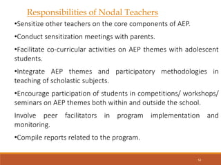 Responsibilities of Nodal Teachers
•Sensitize other teachers on the core components of AEP.
•Conduct sensitization meetings with parents.
•Facilitate co-curricular activities on AEP themes with adolescent
students.
•Integrate AEP themes and participatory methodologies in
teaching of scholastic subjects.
•Encourage participation of students in competitions/ workshops/
seminars on AEP themes both within and outside the school.
Involve peer facilitators in program implementation and
monitoring.
•Compile reports related to the program.
12
 
