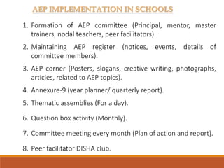 AEP IMPLEMENTATION IN SCHOOLS
1. Formation of AEP committee (Principal, mentor, master
trainers, nodal teachers, peer facilitators).
2. Maintaining AEP register (notices, events, details of
committee members).
3. AEP corner (Posters, slogans, creative writing, photographs,
articles, related to AEP topics).
4. Annexure-9 (year planner/ quarterly report).
5. Thematic assemblies (For a day).
6. Question box activity (Monthly).
7. Committee meeting every month (Plan of action and report).
8. Peer facilitator DISHA club.
 