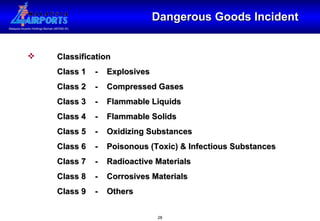 Dangerous Goods Incident Classification Class 1  -  Explosives Class 2  -  Compressed Gases Class 3  -  Flammable Liquids Class 4  -  Flammable Solids Class 5  -  Oxidizing Substances Class 6  -  Poisonous (Toxic) & Infectious Substances Class 7  -  Radioactive Materials Class 8  -  Corrosives Materials Class 9  -  Others 