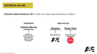 ENTREGA ON AIR
Obs.: Grade sujeito a alteração
Patrocínio Lifetime Movies às 18h no A&E com mídia avulsa bonificada no Lifetime
Abertura 5”
Encerramento 5”
Comercial 30”
Insert de Vídeo
Chamada 5”
PATROCINIO
Lifetime Movies
Prime Time – 18h
MÍDIA AVULSA
Rotativo
Mídia Avulsa 30”
Prime Time
Mídia Avulsa 30”
(bonificado)
 