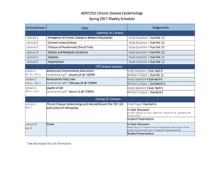 AEPI555D Chronic Disease Epidemiology
Spring 2017 Weekly Schedule
*See Blackboard for call information
Lecture/Lesson Topic Assignments
Opening On Campus
Lecture 1 Emergence of Chronic Disease in Modern Populations Study Question 1 Due Feb. 12
Lecture 2 Coronary Artery Disease Study Question 2 Due Feb. 12
Lecture 3 Critiques of Randomized Clinical Trials Study Question 3 Due Feb. 12
Lecture 4 Obesity and Metabolic Syndrome Study Question 4 Due Feb. 12
Lecture 5 Diabetes Study Question 5 Due Feb. 12
Lecture 6 Hypertension Study Question 6 Due Feb. 12
Off Campus Lessons
Lesson 1
Jan 16 – Feb 12
Asthma and Environmental Risk Factors
Conference Call*: January 24 @ 7:00PM
Study Question 7 Due April 6
Written Critique 1 Due Feb 12
Lesson 2
Feb 13 – Mar 5
Nonalcoholic Fatty Liver
Conference Call*: February 28 @ 7:00PM
Study Question 8 Due April 6
Written Critique 2 Due March 5
Lesson 3
Mar 6 – Apr 2
Quality of Life
Conference Call*: March 21 @ 7:00PM
Study Question 9 Due April 6
Written Critique 3 Due April 2
Closing On Campus
Lecture 7
April 7
Chronic Disease Epidemiology and Hemophilia and the CDC: GIS
and Control of Hemophilia
Final Paper and PowerPoint Presentation
Due April 6
In Class Discussion
Gill TM, Gahbauer EA, Han L, Allore HG. Trajectories of disability in the
last year of life
Student Presentations
Lecture 8
April 8
Stroke In Class Discussion
Reeves MJ, et. al. Patient-level and hospital-level determinants of the
quality of acute stroke care: a multilevel modeling approach
Student Presentations
 