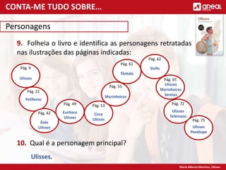 Maria Alberta Menéres, Ulisses
Personagens
9. Folheia o livro e identifica as personagens retratadas
nas ilustrações das páginas indicadas:
10. Qual é a personagem principal?
Ulisses.
Pág. 53
Pág. 21
Pág. 42
Pág. 49
Pág. 9
Pág. 55
Pág. 61
Pág. 62
Pág. 65
Pág. 72
Pág. 75
Ulisses
Polifemo
Éolo
Ulisses
Euríloco
Ulisses
Circe
Ulisses
Marinheiros
Tântalo
Sísifo
Ulisses
Marinheiros
Sereias
Ulisses
Telémaco
Ulisses
Penélope
CONTA-ME TUDO SOBRE…
 