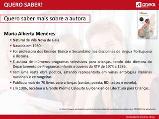 Maria Alberta Menéres, Ulisses
Quero saber mais sobre a autora
Maria Alberta Menéres
 Natural de Vila Nova de Gaia.
 Nascida em 1930.
 Foi professora dos Ensinos Básico e Secundário nas disciplinas de Língua Portuguesa
e História.
 É autora de inúmeros programas televisivos para crianças, tendo sido diretora do
Departamento de Programas Infantis e Juvenis da RTP de 1974 a 1986.
 Tem uma vasta obra poética, estando representada em várias antologias literárias
nacionais e estrangeiras.
 Publicou mais de 70 livros para crianças (contos, poesia, BD, teatro e novela).
 Em 1986, recebeu o Grande Prémio Calouste Gulbenkian de Literatura para Crianças.
In https://www.portoeditora.pt/autor/maria-alberta-meneres (consultado em 22/9/2016 e adaptado)
QUERO SABER!
 