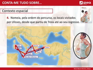Maria Alberta Menéres, Ulisses
Contexto espacial
4. Nomeia, pela ordem do percurso, os locais visitados
por Ulisses, desde que partiu de Troia até ao seu regresso.
Troia
Ilha dos Infernos
Ciclópia
Eólia
Circe Córcira
Mar das Sereias
Ítaca
CONTA-ME TUDO SOBRE…
 