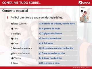 Maria Alberta Menéres, Ulisses
Contexto espacial
5. Atribui um título a cada um dos episódios.
a) Ítaca (Ulisses)
b) Troia
c) Ciclópia
d) Eólia
e) Circe
f) Reino dos Infernos
g) Mar das Sereias
h) Córcira
i) Ítaca
a) História de Ulisses, Rei de Ítaca
b) A guerra de Troia
c) O gigante Polifemo
d) O saco misterioso
e) A feiticeira
f) Ulisses tem notícias da família
g) O encanto das sereias
h) A terra dos Feácios
i) O regresso a casa
CONTA-ME TUDO SOBRE…
 