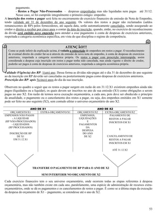 53
pagamento.
- Restos a Pagar Não-Processados – despesas empenhadas mas não liquidadas nem pagas até 31/12.
Nesse caso, só foi cumprido integralmente o primeiro estágio: empenho.
A inscrição dos restos a pagar será feita no encerramento do exercício financeiro de emissão de Nota de Empenho,
tendo validade até 31 de dezembro do ano seguinte. Os valores dos restos a pagar não reclamados (saldos
remanescentes de RP) pelos fornecedores, até aquela data, serão automaticamente cancelados, sendo assegurado ao
credor o direito a receber por cinco anos a contar da data da inscrição, quando, então, no exercício de reconhecimento
da dívida será emitido novo empenho para atender a esse pagamento à conta de despesas de exercícios anteriores,
respeitada a categoria econômica específica, em vista do que disciplina o regime de competência.
Validade (Vigência) dos RP: 1(um) ano. Dessa forma as dívidas não-pagas até o dia 31 de dezembro do ano seguinte
ao da inscrição em RP deverão ser canceladas ou posteriormente pagas como despesas de exercícios anteriores.
Prescrição dos RP: após 5(cinco) anos do dia da sua inscrição.
Observem no quadro a seguir que os restos a pagar surgem em razão de em 31.12.X1 existirem empenhos ainda não
pagos (liquidados ou a liquidar), os quais devem ser inscritos no ano de sua emissão (X1) como obrigações a serem
pagas no ano X2. Em razão de termos nova execução orçamentária, a cada ano, pois deve ser obedecido o princípio
da anualidade, o pagamento ou o cancelamento dos restos a pagar, ou seja, dos empenhos emitidos em X1 somente
pode ser feito no ano seguinte (X2), sem contudo afetar o universo orçamentário do ano X2.
ANO DE X1 ANO DE X2
ORÇAMENTO/X1 EXTRA-ORÇAMENTO/X1 ORÇAMENTO/X2 EXTRA-ORÇAMENTO/X2
EMPENHOS NÃO PAGOS
- A LIQUIDAR
(RP NÃO-PROCESSADOS)
- LIQUIDADOS
(RP PROCESSADOS)
INSCRIÇÃO DE RP
DE X1
EM 31.12.X1
EMPENHOS,
LIQUIDAÇÕES
E
PAGAMENTOS
DA
DESPESA
DO ANO
DE X2
PAGAMENTO DE
RESTOS A PAGAR
INSCRITOS EM X1
E
CANCELAMENTO DE
RESTOS A PAGAR
INSCRITOS EM X1
ATÉ 31.12.X2
TRANSFERE O PAGAMENTO DE RP PARA O ANO DE X2
SEM INTERFERIR NO ORÇAMENTO DE X2
Cada exercício financeiro tem o seu universo orçamentário, onde ocorrem todas as etapas referentes à despesa
orçamentária, mas não também existe em cada ano, paralelamente, uma espécie de administração de recursos extra-
orçamentários, onde se dá os pagamentos e os cancelamentos de restos a pagar. É como se a última etapa da execução
da despesa do orçamento de X1 – pagamento, se estendesse até o ano de X2.
ATENÇÃO!!!
Como se pode inferir da explicação acima, é vedada a reinscrição de empenhos em restos a pagar. O reconhecimento
de eventual direito do credor far-se-á através da emissão de nova nota de empenho, à conta de despesas de exercícios
anteriores, respeitada a categoria econômica própria. Os restos a pagar com prescrição interrompida, assim
considerada a despesa cuja inscrição em restos a pagar tenha sido cancelada, mas ainda vigente o direito do credor,
poderão ser pagos à conta de despesas de exercícios anteriores, respeitada a categoria econômica própria.
 
