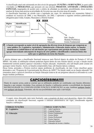 58
A classificação atual está estruturada em dois níveis de agregação: FUNÇÕES e SUBFUNÇÕES, às quais estão
vinculados os PROGRAMAS, que possuem em sua estrutura PROJETOS, ATIVIDADE e OPERAÇÕES
ESPECIAIS, reagrupados de acordo com o critério de afinidade ou tipicidade, possibilitando, dessa maneira,
analisar de forma mais precisa as prioridades do Governo nas suas diversas áreas de atuação.
A classificação funcional, de acordo com a legislação em vigor, foi introduzida nos orçamentos federal e
estaduais no exercício de 2000, e nos Municípios, em 2002, e apresenta a seguinte estrutura padronizada e
obrigatória para União, Estados, Municípios e Distrito Federal:
XX . XXX
Dígitos Identificação
1º e 2º Função
3º, 4º e 5º Sub função
Função Sub - função
Saúde Medidas Profiláticas
Educação Ensino Fundamental
É preciso destacar que a classificação funcional tornou-se mais flexível depois da edição da Portaria nº 163 do
MPOG. Até então, as subfunções somente poderiam figurar dentro de suas funções típicas; ou seja: a função ensino
fundamental somente poderia aparecer vinculada à função educação. Atualmente, esta sub-função pode constar em
quaisquer outras funções. Assim, as funções compreendem, hoje, sub-funções típicas e atípicas.
Dessa forma, pretendeu a Portaria resolver alguns problemas de classificação, do tipo: Como classificar gastos
destinados a um “Programa de Conscientização dos Riscos da AIDS”? Na função saúde ou na função educação? Na
sistemática atual, é possível classificar na função Educação (trata-se de um programa educativo) utilizando-se a sub-
função medidas profiláticas.
A seguir, estou elencando, para mera ilustração, sem o propósito de fazer você decorá-los, alguns dos códigos
constantes da classificação funcional, segundo a estrutura administrativa em vigor, considerando algumas
funções e subfunções.
CÓDIGO/ FUNÇÕES CÓDIGO/ SUBFUNÇÕES
01 - Legislativa 031 – Ação Legisltavia
032 – Controle Externo
12 - Educação 361 – Ensino Fundamental
362 – Ensino Médio
363 – Ensino Profissional
364 – Ensino Superior
365 – Educação Infantil
366 – Educação de Jovens e Adultos
A função corresponde ao maior nível de agregação das diversas áreas de despesas que competem ao
setor público. Ex: Legislativa, Agricultura, Administração e Educação, dentre outras. As funções
desdobram-se (subdividem-se em sub-funções que representam uma partição da função), visando
agregar determinado subconjunto de despesa do setor público e identificando a natureza básica das
ações que se aglutinam em torno das funções.
CAPCIOSÍSSIMA!!!!!
Diante do exposto acima, pode-se concluir que as subfunções poderão ser combinadas com funções diferentes
daquelas a que estejam vinculadas. Essa estrutura de funções e subfunções permite a possibilidade da chamada
MATRICIALIDADE NA CONEXÃO ENTRE FUNÇÃO E SUBFUNÇÃO, ou seja, combinar qualquer função
com qualquer sub-função. Entretanto, não há essa possibilidade entre ação e sub-função.
 