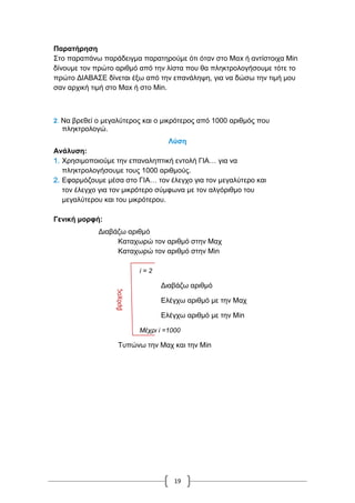 19
Παρατήρηση
Στο παραπάνω παράδειγμα παρατηρούμε ότι όταν στο Μαx ή αντίστοιχα Μin
δίνουμε τον πρώτο αριθμό από την λίστα που θα πληκτρολογήσουμε τότε το
πρώτο ΔΙΑΒΑΣΕ δίνεται έξω από την επανάληψη, για να δώσω την τιμή μου
σαν αρχική τιμή στο Μαx ή στο Μin.
2. Να βρεθεί ο μεγαλύτερος και ο μικρότερος από 1000 αριθμός που
πληκτρολογώ.
Λύση
Ανάλυση:
1. Χρησιμοποιούμε την επαναληπτική εντολή ΓΙΑ… για να
πληκτρολογήσουμε τους 1000 αριθμούς.
2. Εφαρμόζουμε μέσα στο ΓΙΑ… τον έλεγχο για τον μεγαλύτερο και
τον έλεγχο για τον μικρότερο σύμφωνα με τον αλγόριθμο του
μεγαλύτερου και του μικρότερου.
Γενική μορφή:
Διαβάζω αριθμό
Καταχωρώ τον αριθμό στην Μαχ
Καταχωρώ τον αριθμό στην Μin
i = 2
Διαβάζω αριθμό
Ελέγχω αριθμό με την Μαχ
Ελέγχω αριθμό με την Μin
Μέχρι i =1000
Τυπώνω την Μαχ και την Μin
βρόχος
 