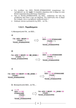 25
 Στη συνθήκη της ΟΣΟ…ΤΕΛΟΣ_ΕΠΑΝΑΛΗΨΗΣ συγκρίνουμε την
<μεταβλητή> με την τιμή2. Η σύγκριση εξαρτάται από το βήμα αν είναι
θετικό ή αρνητικό όπως βλέπουμε παραπάνω.
 Πριν το ΤΕΛΟΣ_ΕΠΑΝΑΛΗΨΗΣ της ΟΣΟ… αυξάνουμε την τιμή της
μεταβλητής όσο είναι η τιμή του βήματος. Στη περίπτωση που το βήμα
δεν υπάρχει, τότε η <μεταβλητή> αυξάνεται κατά 1.
 Ανάλογα, γίνεται η μετατροπή της ΟΣΟ… σε ΓΙΑ...
1.5.2.1. Παραδείγματα
1. Μετατροπή από ΓΙΑ... σε ΟΣΟ...
α)
β)
γ)
2. Μετατροπή από ΟΣΟ... σε ΓΙΑ....
α)
ΓΙΑ i ΑΠΟ 1 ΜΕΧΡΙ 10
ΓΡΑΨΕ i ^ 3
ΤΕΛΟΣ_ΕΠΑΝΑΛΗΨΗΣ
i ←1
ΟΣΟ i <=100 ΕΠΑΝΑΛΑΒΕ
ΓΡΑΨΕ i ^ 3
i ← i+1
ΤΕΛΟΣ_ΕΠΑΝΑΛΗΨΗΣ
ΓΙΑ i ΑΠΟ 10 ΜΕΧΡΙ 100 ΜΕ_ΒΗΜΑ 2
ΓΡΑΨΕ i ^ 2
ΤΕΛΟΣ_ΕΠΑΝΑΛΗΨΗΣ
i <- 10
ΟΣΟ i <= 100 ΕΠΑΝΑΛΑΒΕ
ΓΡΑΨΕ i ^ 2
i <- i + 2
ΤΕΛΟΣ_ΕΠΑΝΑΛΗΨΗΣ
ΓΙΑ i ΑΠΟ 1000 ΜΕΧΡΙ 100 ΜΕ_ΒΗΜΑ -1
ΓΡΑΨΕ i
ΤΕΛΟΣ_ΕΠΑΝΑΛΗΨΗΣ
i ← 1000
ΟΣΟ i >= 100 ΕΠΑΝΑΛΑΒΕ
ΓΡΑΨΕ i
i ← i - 1
ΤΕΛΟΣ_ΕΠΑΝΑΛΗΨΗΣ
i <- 10
ΟΣΟ i <= 100
ΕΠΑΝΑΛΑΒΕ
ΓΡΑΨΕ i
i <- i+1
ΤΕΛΟΣ_ΕΠΑΝΑΛΗΨΗΣ
ΓΙΑ i ΑΠΟ 10 ΜΕΧΡΙ 100 _ΒΗΜΑ 100
ΓΡΑΨΕ i
ΤΕΛΟΣ_ΕΠΑΝΑΛΗΨΗΣ
 