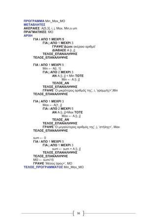 36
ΠΡΟΓΡΑΜΜΑ Min_Mαx_ΜΟ
ΜΕΤΑΒΛΗΤΕΣ
ΑΚΕΡΑΙΕΣ: Α[5,3], i, j, Μαx, Min,s um
ΠΡΑΓΜΑΤΙΚΕΣ: ΜΟ
ΑΡΧΗ
ΓΙΑ i ΑΠΟ 1 ΜΕΧΡΙ 5
ΓΙΑ j ΑΠΟ 1 ΜΕΧΡΙ 3
ΓΡΑΨΕ’Δώσε ακέραιο αριθμό’
ΔΙΑΒΑΣΕ Α [i, j]
ΤΕΛΟΣ_ΕΠΑΝΑΛΗΨΗΣ
ΤΕΛΟΣ_ΕΠΑΝΑΛΗΨΗΣ
ΓΙΑ i ΑΠΟ 1 ΜΕΧΡΙ 5
Μin ← A[i, 1]
ΓΙΑ j ΑΠΟ 2 ΜΕΧΡΙ 3
ΑΝ Α [i, j] < Μin ΤΟΤΕ
Μin ← Α [i, j]
ΤΕΛΟΣ_ΑΝ
ΤΕΛΟΣ_ΕΠΑΝΑΛΗΨΗΣ
ΓΡΑΨΕ ’Ο μικρότερος αριθμός της’, i, ’γραμμής=’,Μin
ΤΕΛΟΣ_ΕΠΑΝΑΛΗΨΗΣ
ΓΙΑ j ΑΠΟ 1 ΜΕΧΡΙ 3
Μαx ← A[1, j]
ΓΙΑ i ΑΠΟ 2 ΜΕΧΡΙ 5
ΑΝ Α [i, j]>Μαx ΤΟΤΕ
Μαx ← Α [i, j]
ΤΕΛΟΣ_ΑΝ
ΤΕΛΟΣ_ΕΠΑΝΑΛΗΨΗΣ
ΓΡΑΨΕ ’Ο μεγαλύτερος αριθμός της’, j, ’στήλης=’, Μαx
ΤΕΛΟΣ_ΕΠΑΝΑΛΗΨΗΣ
sum ← 0
ΓΙΑ i ΑΠΟ 1 ΜΕΧΡΙ 5
ΓΙΑ j ΑΠΟ 1 ΜΕΧΡΙ 3
sum ← sum + Α [i, j]
ΤΕΛΟΣ_ΕΠΑΝΑΛΗΨΗΣ
ΤΕΛΟΣ_ΕΠΑΝΑΛΗΨΗΣ
ΜΟ ← sum/15
ΓΡΑΨΕ ’Μέσος όρος=’, ΜΟ
ΤΕΛΟΣ_ΠΡΟΓΡΑΜΜΑΤΟΣ Min_Mαx_ΜΟ
 