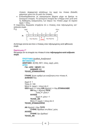 41
πίνακα). Διαφορετικά αλλάζουμε την αρχή του πίνακα (δηλαδή
ψάχνουμε μόνο στο 2ο μισό του πίνακα).
 Επαναλαμβάνονται τα προηγούμενα βήματα μέχρι να βρούμε το
ζητούμενο στοιχείο. Το ζητούμενο στοιχείο δεν υπάρχει όταν μετά από
τις διαδοχικές αυξομειώσεις των άκρων του πίνακα μέχρι να ισχύσει
αρχή > τέλος.
Η παραπάνω διεργασία στηρίζεται ότι ο πίνακας είναι ταξινομημένος κατ΄
αύξουσα σειρά.
Π.χ.
Αντίστοιχα γίνεται και όταν ο πίνακας είναι ταξινομημένος κατά φθίνουσα
σειρά.
Περίπτωση 1η
Θεωρούμε ότι τα στοιχεία του πίνακα Α είναι ταξινομημένα κατά αύξουσα
σειρά.
ΠΡΟΓΡΑΜΑ Δυαδική_Αναζήτηση1
ΜΕΤΑΒΛΗΤΕΣ
ΑΚΕΡΑΙΕΣ: Α[100], KEY, τέλος, αρχή, μέση
ΑΡΧΗ
ΓΙΑ i ΑΠΟ 1 ΜΕΧΡΙ 100
ΔΙΑΒΑΣΕ Α[i]
ΤΕΛΟΣ_ΕΠΑΝΑΛΗΨΗΣ
ΓΡΑΨΕ 'Δώσε αριθμό για αναζήτηση στον πίνακα Α.
ΔΙΑΒΑΣΕ Key
Αρχή  1
Τέλος  100
Μέση  (αρχή + τέλος) div 2
ΟΣΟ αρχή <= τέλος ΚΑΙ Α[μέση] <> Key ΕΠΑΝΑΛΑΒΕ
ΑΝ Key < Α[μέση] ΤΟΤΕ
Τέλος  μέση-1
ΑΛΛΙΩΣ
Αρχή  μέση + 1
ΤΕΛΟΣ_ΑΝ
Μέση  (αρχή + τέλος) div 2
ΤΕΛΟΣ_ΕΠΑΝΑΛΗΨΗΣ
ΑΝ Α[μέση] = Key ΤΟΤΕ
ΓΡΑΨΕ 'Βρέθηκε στη θέση ',μέση
ΑΛΛΙΩΣ
ΓΡΑΨΕ 'Δεν βρέθηκε'
ΤΕΛΟΣ_ΑΝ
 