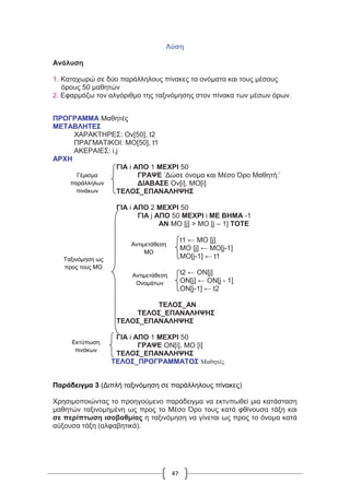 47
Λύση
Ανάλυση
1. Καταχωρώ σε δύο παράλληλους πίνακες τα ονόματα και τους μέσους
όρους 50 μαθητών
2. Εφαρμόζω τον αλγόριθμο της ταξινόμησης στον πίνακα των μέσων όρων.
ΠΡΟΓΡΑΜΜΑ Μαθητές
ΜΕΤΑΒΛΗΤΕΣ
ΧΑΡΑΚΤΗΡΕΣ: Ον[50], t2
ΠΡΑΓΜΑΤΙΚΟΙ: ΜΟ[50], t1
ΑΚΕΡΑΙΕΣ: i,j
ΑΡΧΗ
ΓΙΑ i ΑΠΟ 1 ΜΕΧΡΙ 50
ΓΡΑΨΕ ’Δώσε όνομα και Μέσο Όρο Μαθητή:’
ΔΙΑΒΑΣΕ Ον[i], ΜΟ[i]
ΤΕΛΟΣ_ΕΠΑΝΑΛΗΨΗΣ
ΓΙΑ i ΑΠΟ 2 ΜΕΧΡΙ 50
ΓΙΑ j ΑΠΟ 50 ΜΕΧΡΙ i ΜΕ ΒΗΜΑ -1
ΑΝ ΜΟ [j] > ΜΟ [j – 1] ΤΟΤΕ
t1 ← ΜΟ [j]
ΜΟ [j] ← MO[j-1]
MO[j-1] ← t1
t2 ← ΟΝ[j]
ΟΝ[j] ← ΟΝ[j - 1]
ΟΝ[j-1] ← t2
ΤΕΛΟΣ_ΑΝ
ΤΕΛΟΣ_ΕΠΑΝΑΛΗΨΗΣ
ΤΕΛΟΣ_ΕΠΑΝΑΛΗΨΗΣ
ΓΙΑ i ΑΠΟ 1 ΜΕΧΡΙ 50
ΓΡΑΨΕ ΟΝ[i], ΜΟ [i]
ΤΕΛΟΣ_ΕΠΑΝΑΛΗΨΗΣ
ΤΕΛΟΣ_ΠΡΟΓΡΑΜΜΑΤΟΣ Μαθητές
Παράδειγμα 3 (Διπλή ταξινόμηση σε παράλληλους πίνακες)
Χρησιμοποιώντας το προηγούμενο παράδειγμα να εκτυπωθεί μια κατάσταση
μαθητών ταξινομημένη ως προς το Μέσο Όρο τους κατά φθίνουσα τάξη και
σε περίπτωση ισοβαθμίας η ταξινόμηση να γίνεται ως προς το όνομα κατά
αύξουσα τάξη (αλφαβητικά).
Γέμισμα
παράλληλων
πινάκων
Ταξινόμηση ως
προς τους ΜΟ
Εκτύπωση
πινάκων
Αντιμετάθεση
ΜΟ
Αντιμετάθεση
Ονομάτων
 