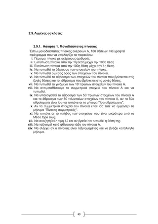 49
2.9.Λυμένες ασκήσεις
2.9.1. Άσκηση 1. Μονοδιάστατος πίνακας
Έστω μονοδιάστατος πίνακας ακέραιων Α, 100 θέσεων. Να γραφτεί
πρόγραμμα που να υπολογίζει τα παρακάτω:
i. Γέμισμα πίνακα με ακέραιους αριθμούς.
ii. Εκτύπωση πίνακα από την 1η θέση μέχρι την 100η θέση.
iii. Εκτύπωση πίνακα από την 100η θέση μέχρι την 1η θέση.
iv. Να τυπωθεί το άθροισμα των στοιχείων του πίνακα.
v. Να τυπωθεί ο μέσος όρος των στοιχείων του πίνακα.
vi. Να τυπωθεί το άθροισμα των στοιχείων του πίνακα που βρίσκεται στις
ζυγές θέσεις και το άθροισμα που βρίσκεται στις μονές θέσεις.
vii. Να τυπωθεί το γινόμενο των 10 πρώτων στοιχείων του πίνακα Α.
viii. Να αντιμεταθέσουμε τα συμμετρικά στοιχεία του πίνακα Α και να
τυπωθεί.
ix. Να υπολογισθεί το άθροισμα των 50 πρώτων στοιχείων του πίνακα Α
και το άθροισμα των 50 τελευταίων στοιχείων του πίνακα Α, αν τα δύο
αθροίσματα είναι ίσα να τυπώνεται το μήνυμα "Ίσα αθροίσματα".
x. Αν τα συμμετρικά στοιχεία του πίνακα είναι ίσα τότε να εμφανίζει το
μήνυμα "Πίνακας συμμετρικός".
xi. Να τυπώνεται το πλήθος των στοιχείων που είναι μικρότερα από το
Μέσο Όρο τους.
xii. Να αναζητηθεί η τιμή 42 και αν βρεθεί να τυπωθεί η θέση της.
xiii. Να ταξινομεί κατά φθίνουσα τάξη τον πίνακα Α.
xiv. Να ελέγχει αν ο πίνακας είναι ταξινομημένος και να βγάζει κατάλληλο
μήνυμα.
 
